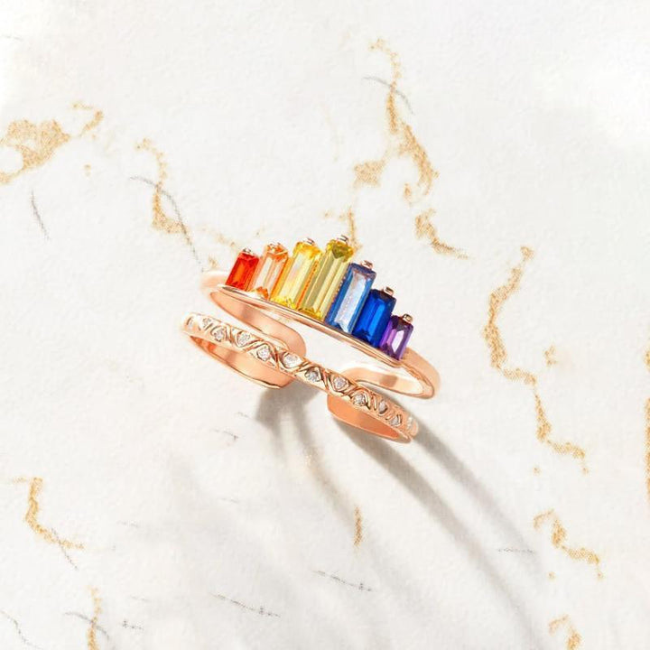 Women's Rainbow Micro Diamond Ring, adjustable copper band, colorful gems