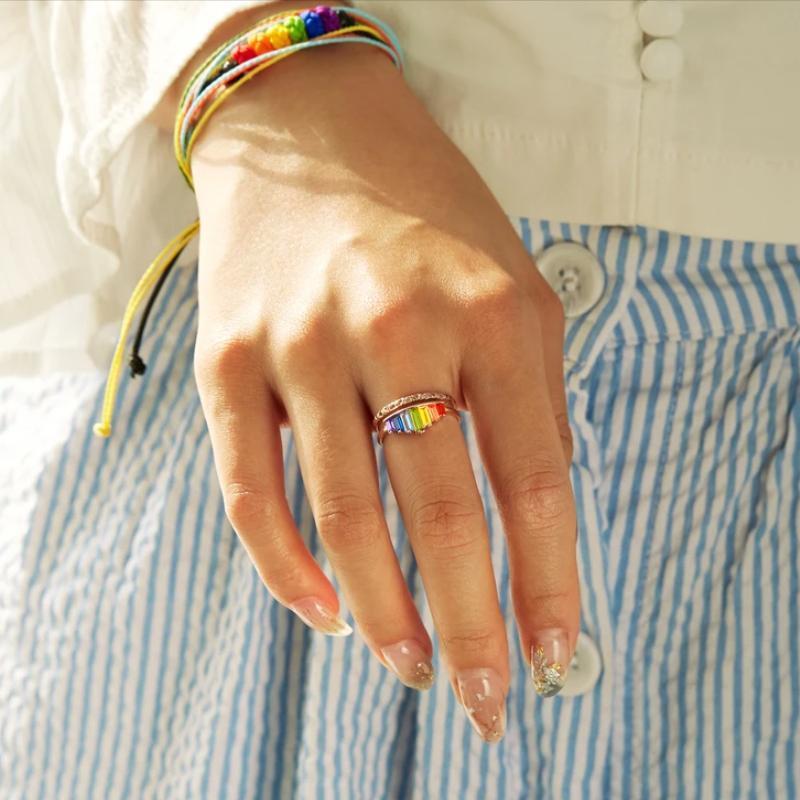 Close-up of Rainbow Micro Diamond Ring for women, sparkling gemstones, fashion jewelry