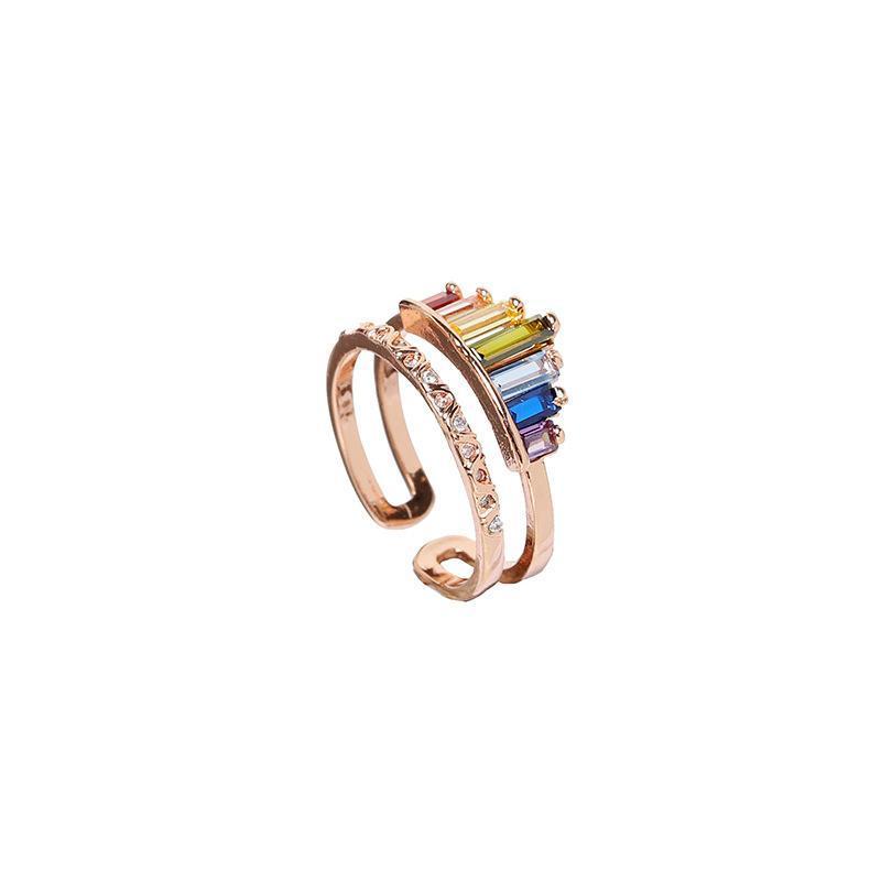 Fashionable women's adjustable rainbow diamond ring, copper jewelry, eye-catching design