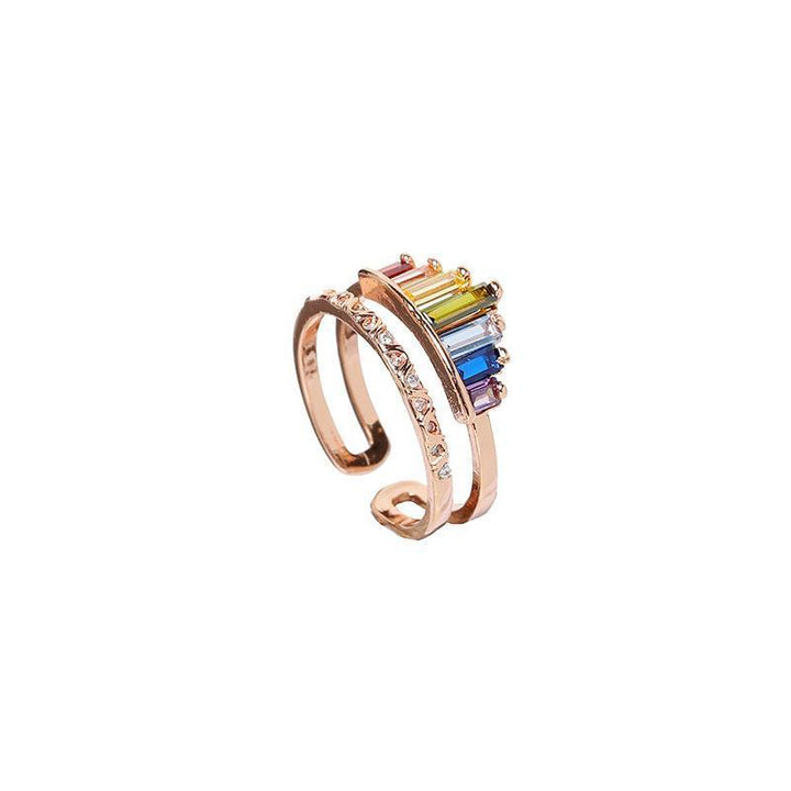 Fashionable women's adjustable rainbow diamond ring, copper jewelry, eye-catching design