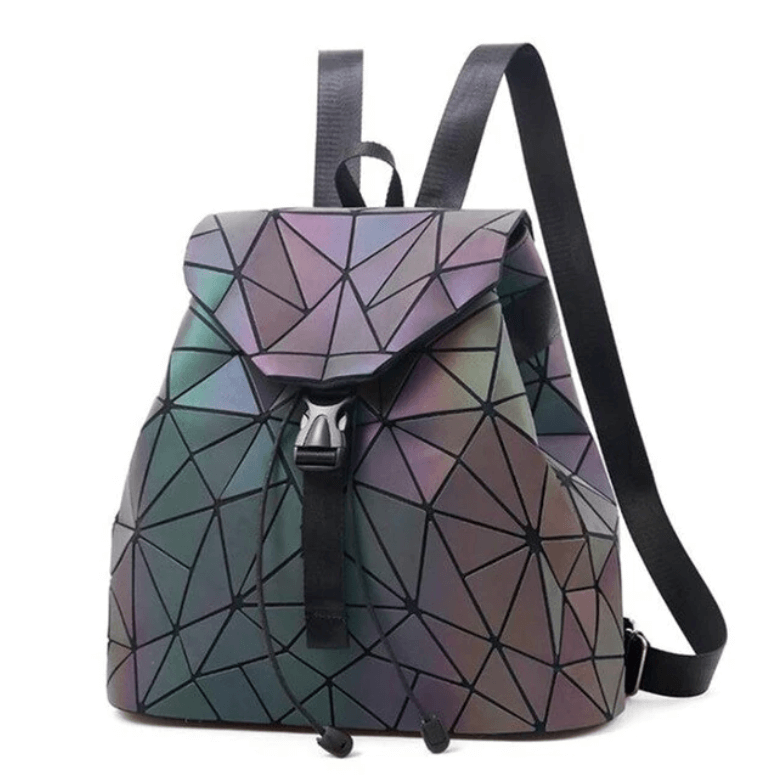 Chic women's travel backpack, reflective and geometric with an amazing color-changing luminous finish.