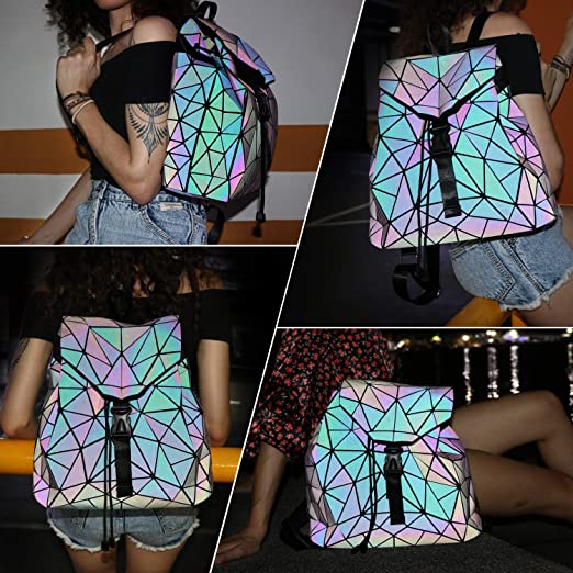 Elegant women's reflective geometric backpack, a luminous fashion handbag perfect for any outfit.
