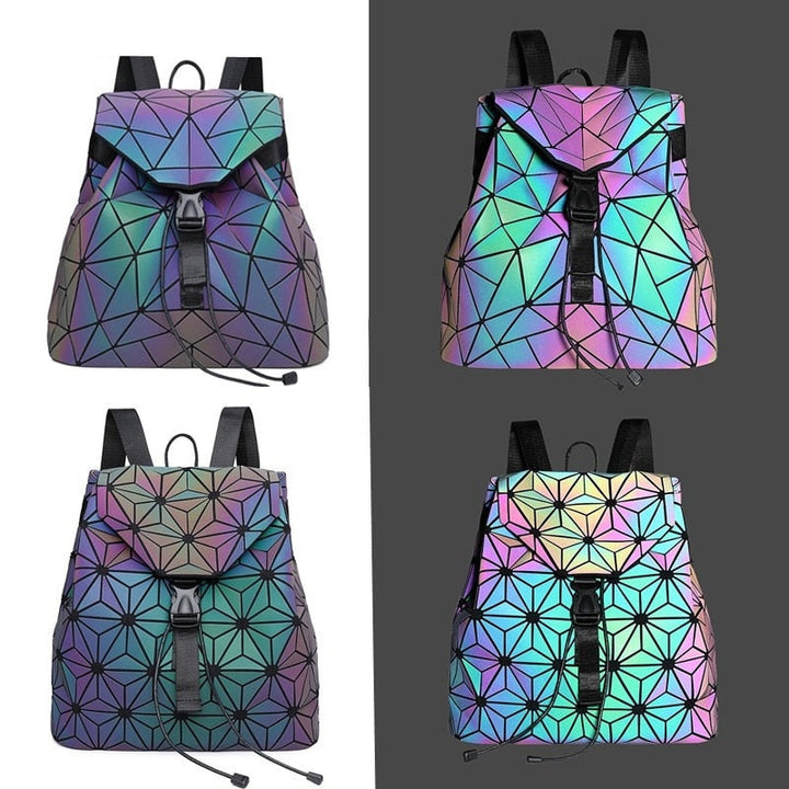 Eye-catching women's accessory: a reflective geometric backpack with vibrant color-changing properties.