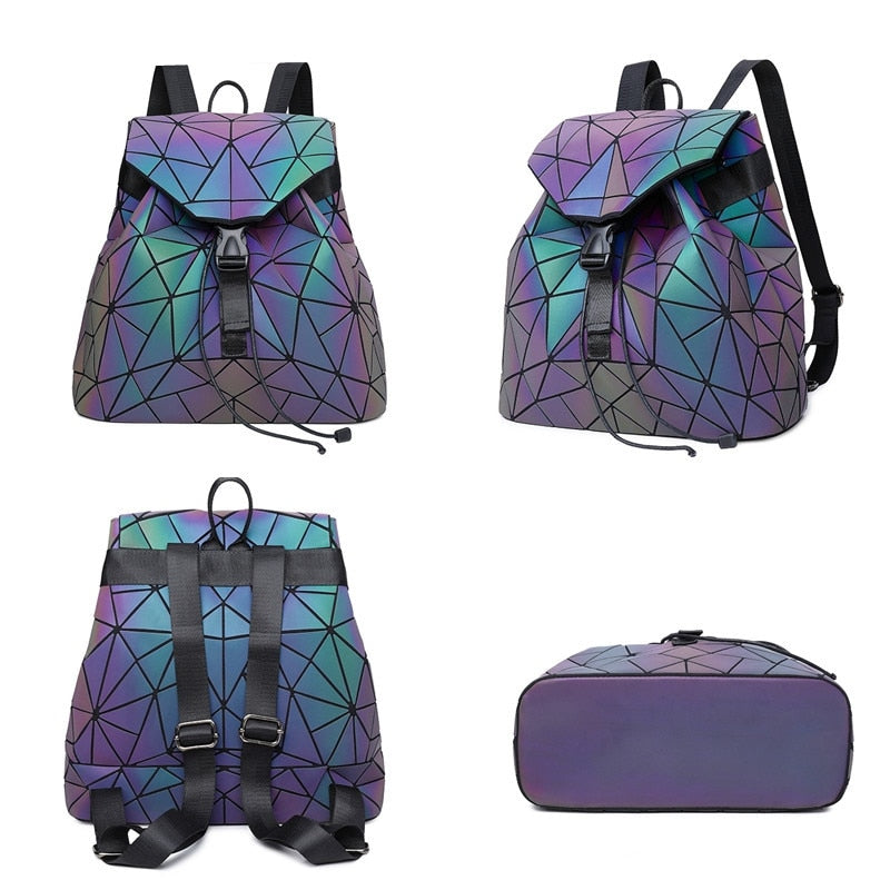 Durable faux leather women's backpack, reflective geometric design, and unique color-changing glow.