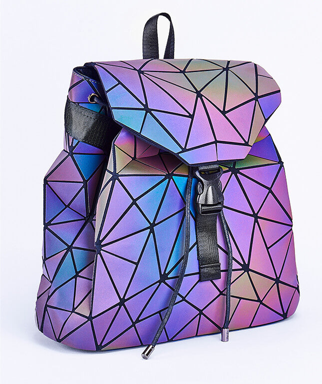 Fashionable women's backpack with an eye-catching reflective geometric pattern, perfect for travel.