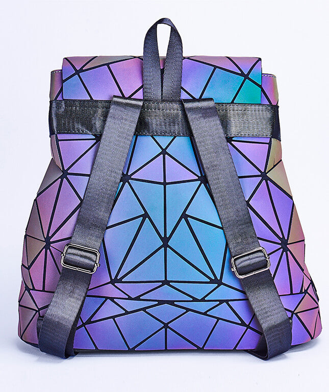 Luminous women's faux leather backpack featuring a dynamic color-changing geometric design.