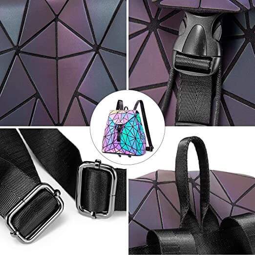 Close-up of the geometric, reflective, and color-changing surface of a women's fashion backpack.