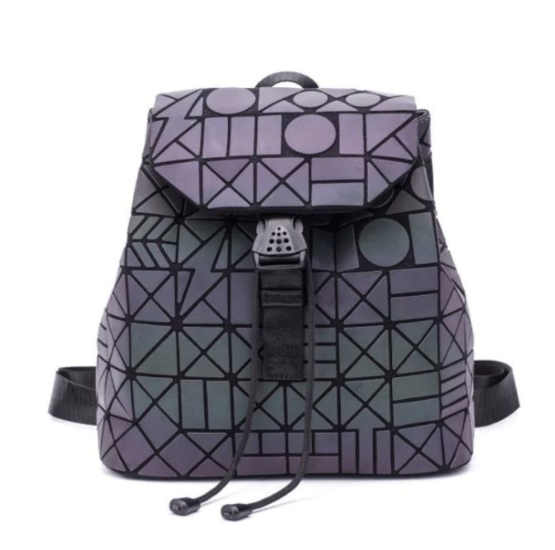 Dynamic women's reflective backpack, transforming colors with light, featuring a unique geometric pattern.
