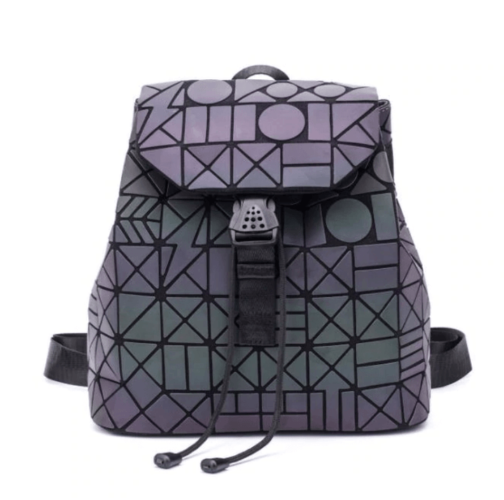 Dynamic women's reflective backpack, transforming colors with light, featuring a unique geometric pattern.