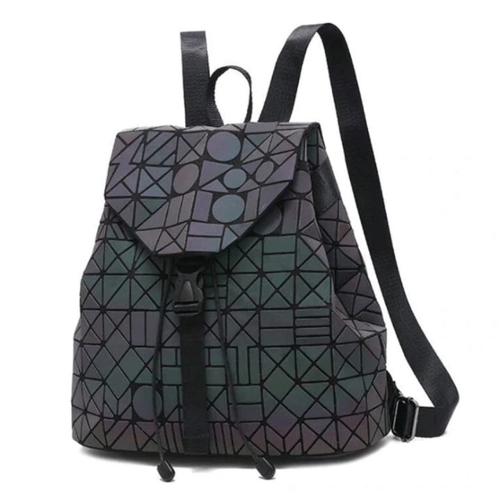 Front view of a women's color-changing reflective geometric backpack, a trendy faux leather accessory.