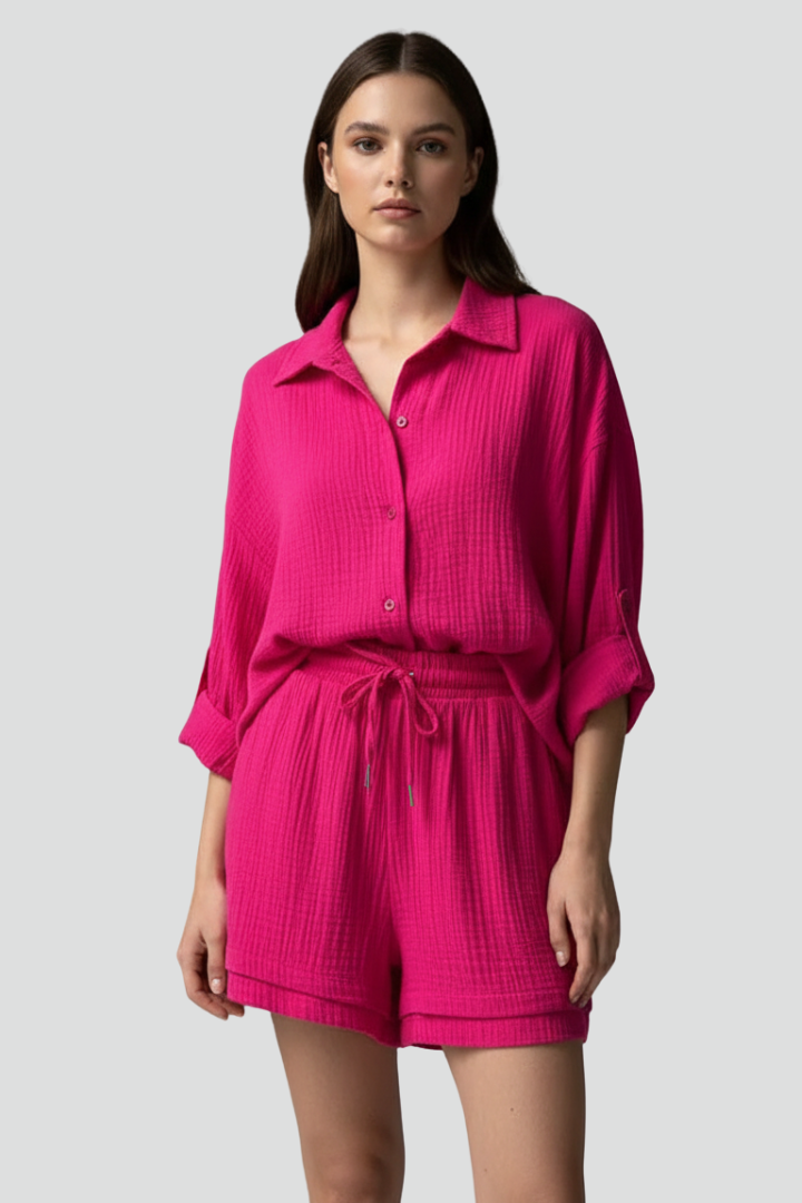 Breathable women's relaxed button-up shirt and drawstring shorts set. Comfy loungewear for spring and summer.