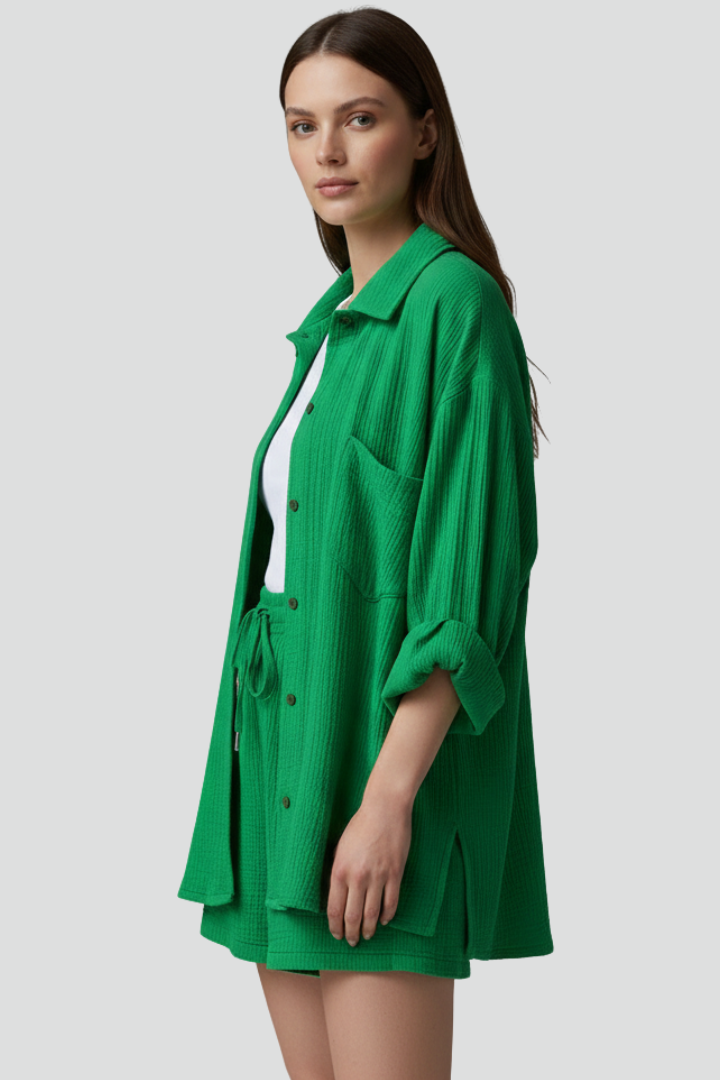 Comfortable women's relaxed fit button-up shirt & drawstring shorts set. Ideal casual loungewear for spring & summer.
