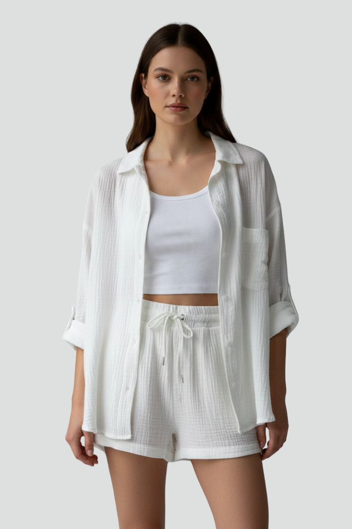 Women's comfy button-up shirt & matching drawstring shorts. A relaxed two-piece lounge set for casual days.