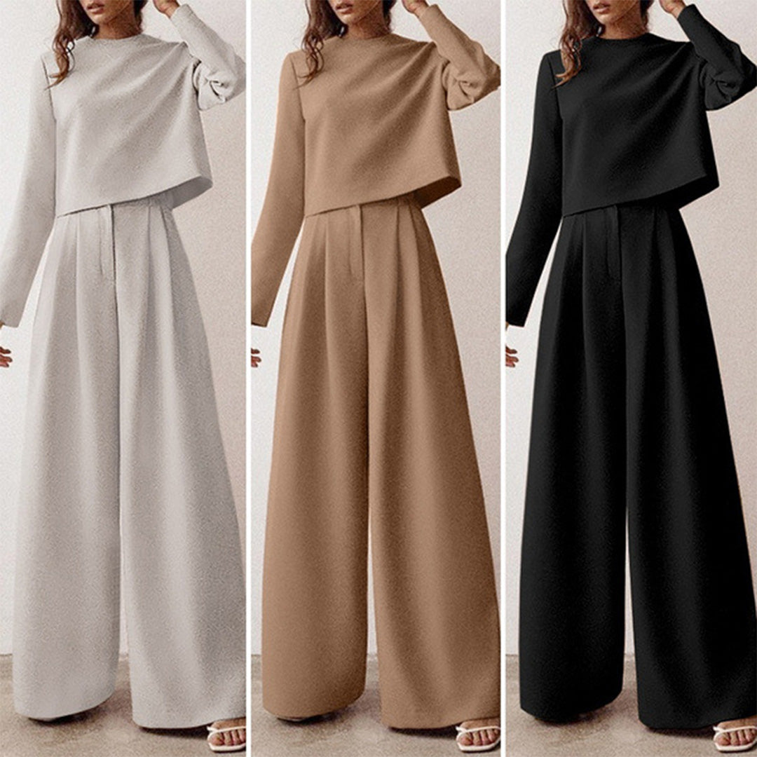 Relaxed women's cropped top & wide-leg trouser set, a comfortable and elegant casual wear option.
