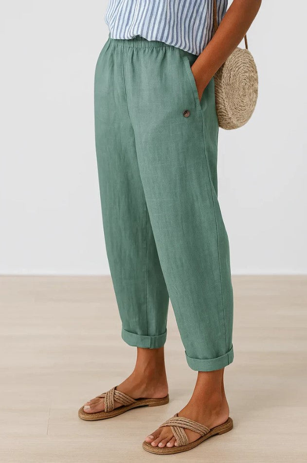 Elegant women's relaxed fit ankle trousers with a cuffed design, ideal for comfortable and stylish daily outfits.
