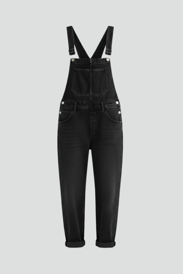 Women's relaxed fit black jumpsuit with round neck, straight leg, and functional pockets. Comfortable one-piece design.