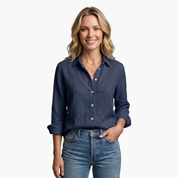 Relaxed fit women's scallop collar button down shirt, a comfortable & versatile top for everyday wear.