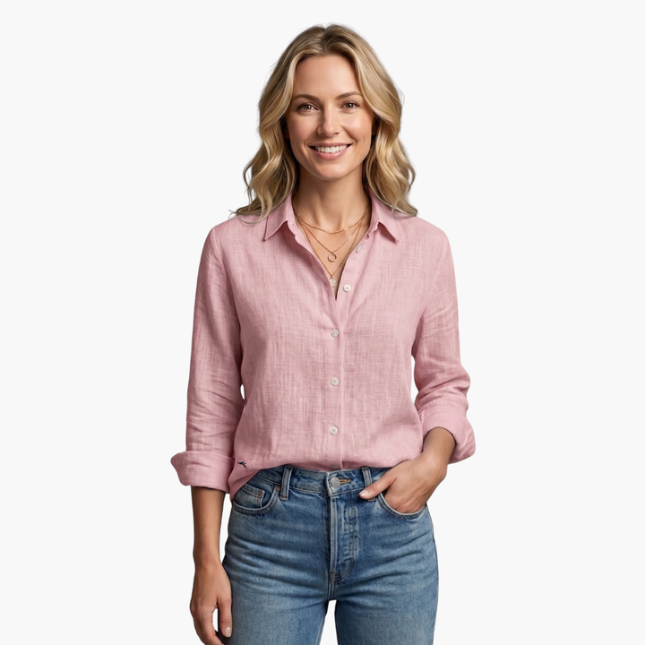 Chic scallop collar women's shirt, relaxed fit button down, perfect for versatile spring and summer styling.