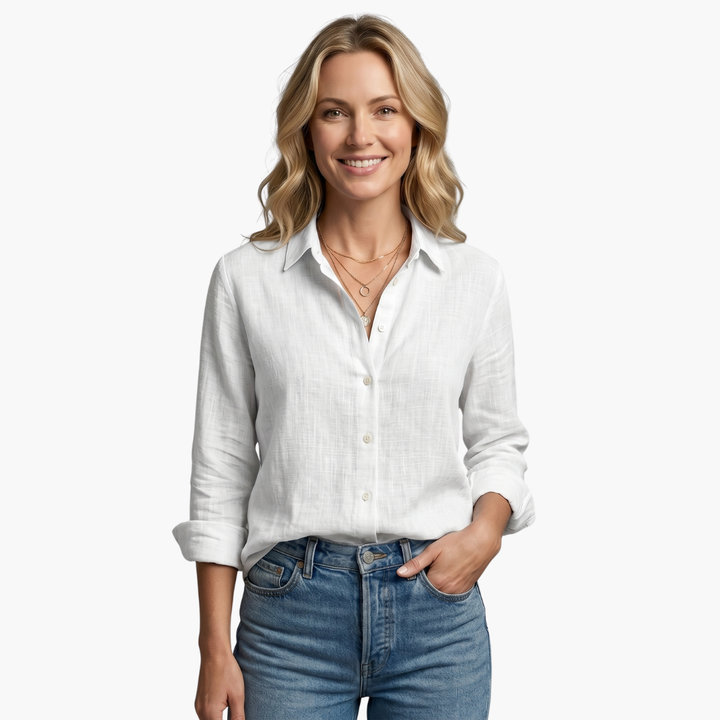Women's everyday button down shirt, relaxed fit with elegant scallop collar, versatile for spring fashion.