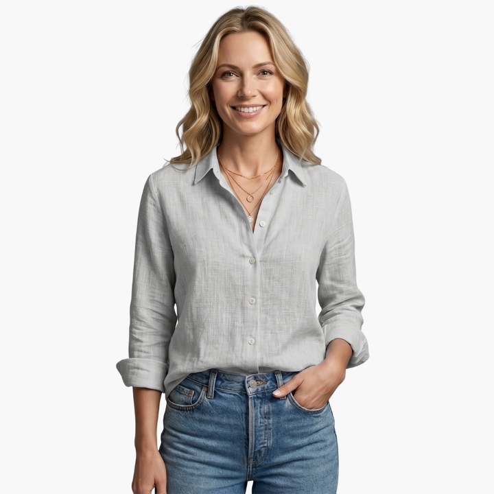 Spring & summer fashion women's shirt, relaxed fit button down with a stylish scallop collar for everyday.