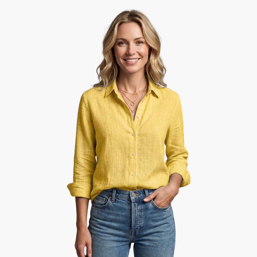 Long sleeve women's button down shirt with scallop collar, relaxed fit for versatile spring & summer fashion.