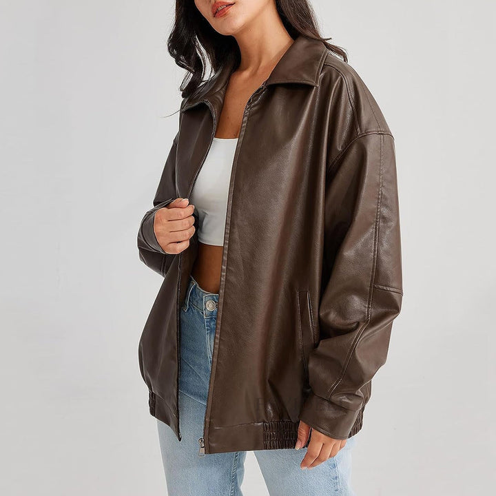 Stylish women's relaxed fit jacket, a trendy zip-up outerwear staple, great for everyday casual.