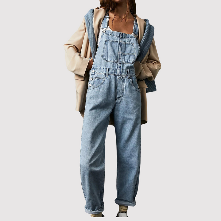 Women's relaxed fit denim dungarees for casual comfort. Stylish women's overalls perfect for everyday wear.