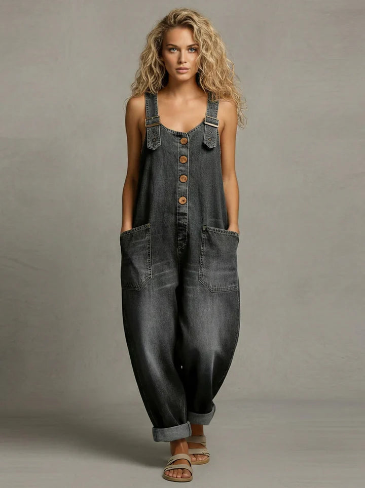 Versatile women's button-front denim overalls in a relaxed fit, ideal for effortless spring and summer casual outfits.