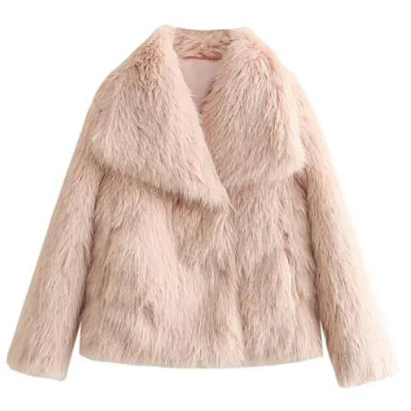 Hanging women's relaxed fit faux fur jacket in a vibrant color, ready for elegant winter styling