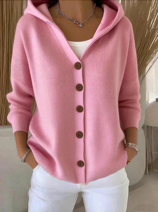 Women's relaxed fit hooded button-front knit cardigan sweater, perfect for cozy fall winter everyday fashion.