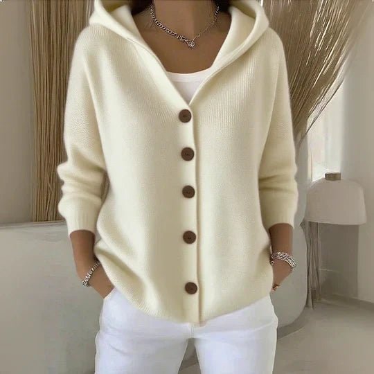 Casual women's hooded button-front knit cardigan, relaxed fit for comfortable layering & everyday style.