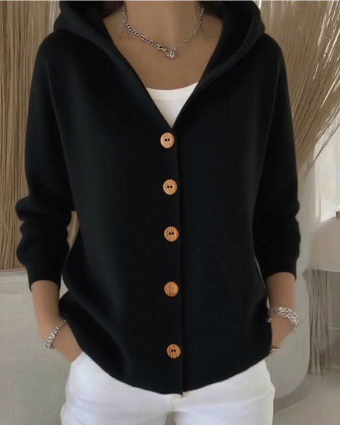 Women's fall winter hooded button-front cardigan sweater, relaxed fit knit for ultimate cozy comfort.
