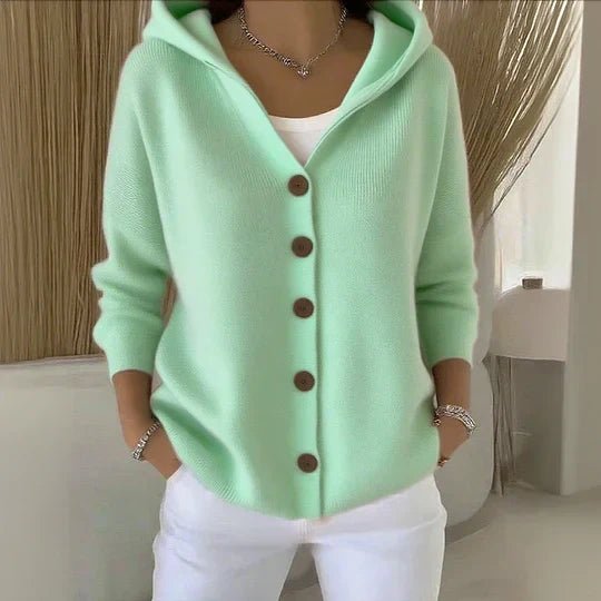 Everyday women's relaxed fit hooded button-front cardigan, a comfortable knit layering piece.