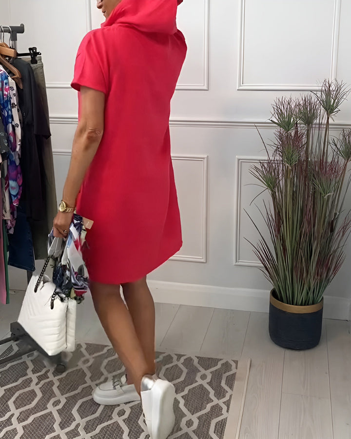 Comfortable women's hoodie midi dress, relaxed fit with half sleeves and adjustable hood.