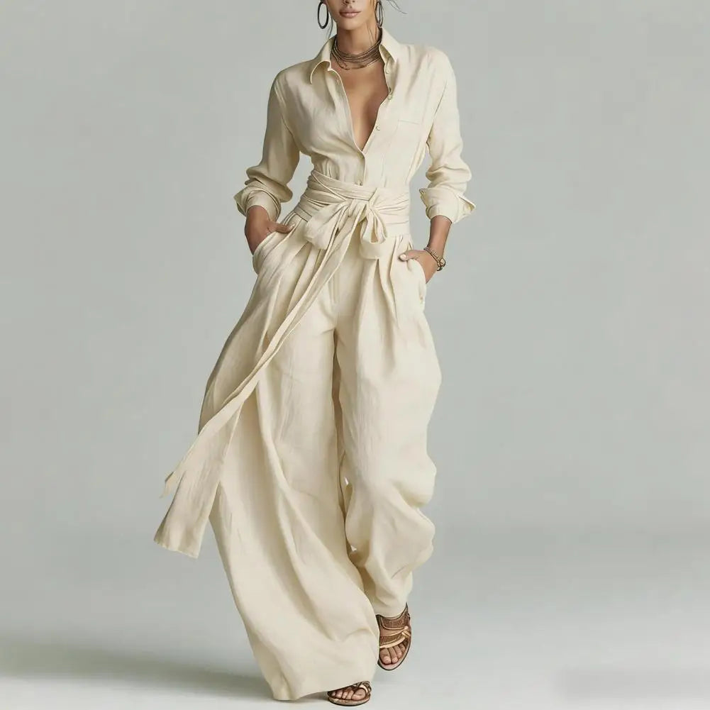 Women's relaxed fit linen blend co-ord set with button-up shirt & wide-leg high-waist pants, ideal for summer.