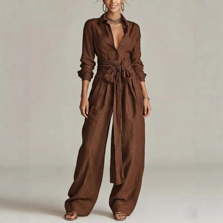 Elegant women's linen blend relaxed co-ord set, featuring a button shirt and wide-leg pants for comfort.