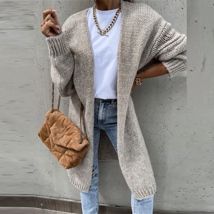 Relaxed fit knit cardigan for women, long sleeve and open front design, everyday outerwear