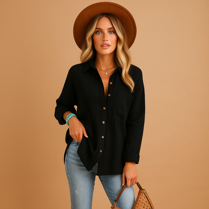 Stylish women's long sleeve polo blouse, relaxed fit, perfect for casual wear or work.