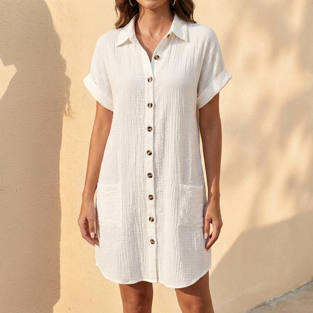 Flowy women's midi shirt dress with a relaxed fit. Button-front, collared, & cuffed sleeve design for summer.