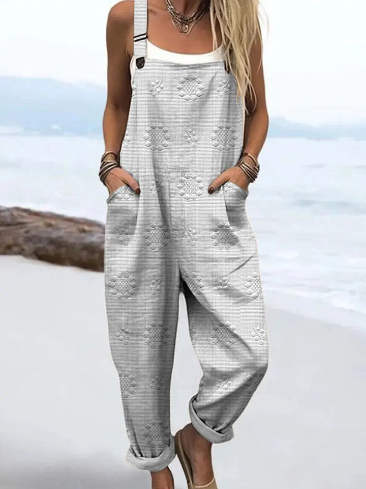 Easy-to-wear patterned women's jumpsuit featuring a relaxed wide-leg cut, adjustable straps, and side pockets.