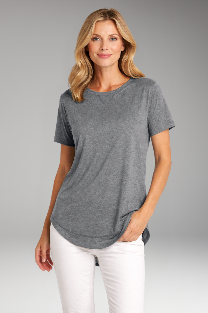 Versatile women's t-shirt with a relaxed fit, round neck, and elegant curved hem. Great for any occasion.