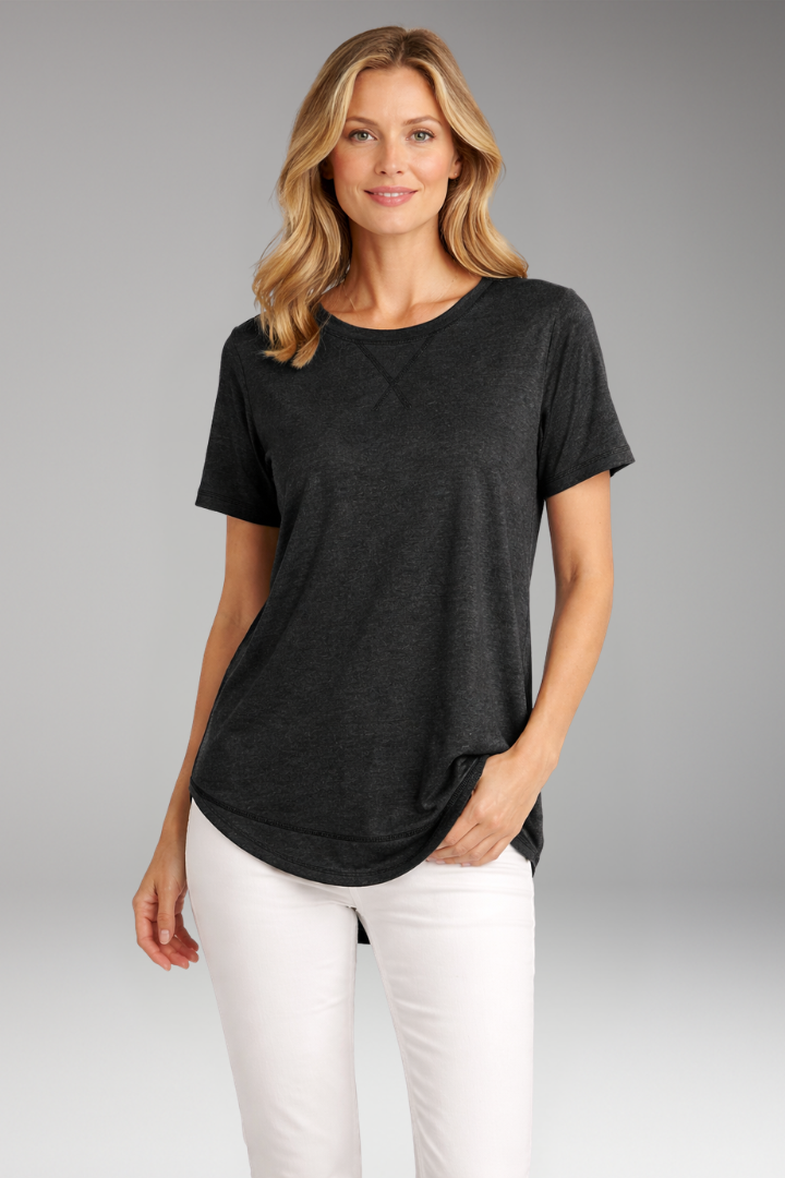 Women's fashion round neck t-shirt. Relaxed fit, short sleeve design, and unique curved hem detail.