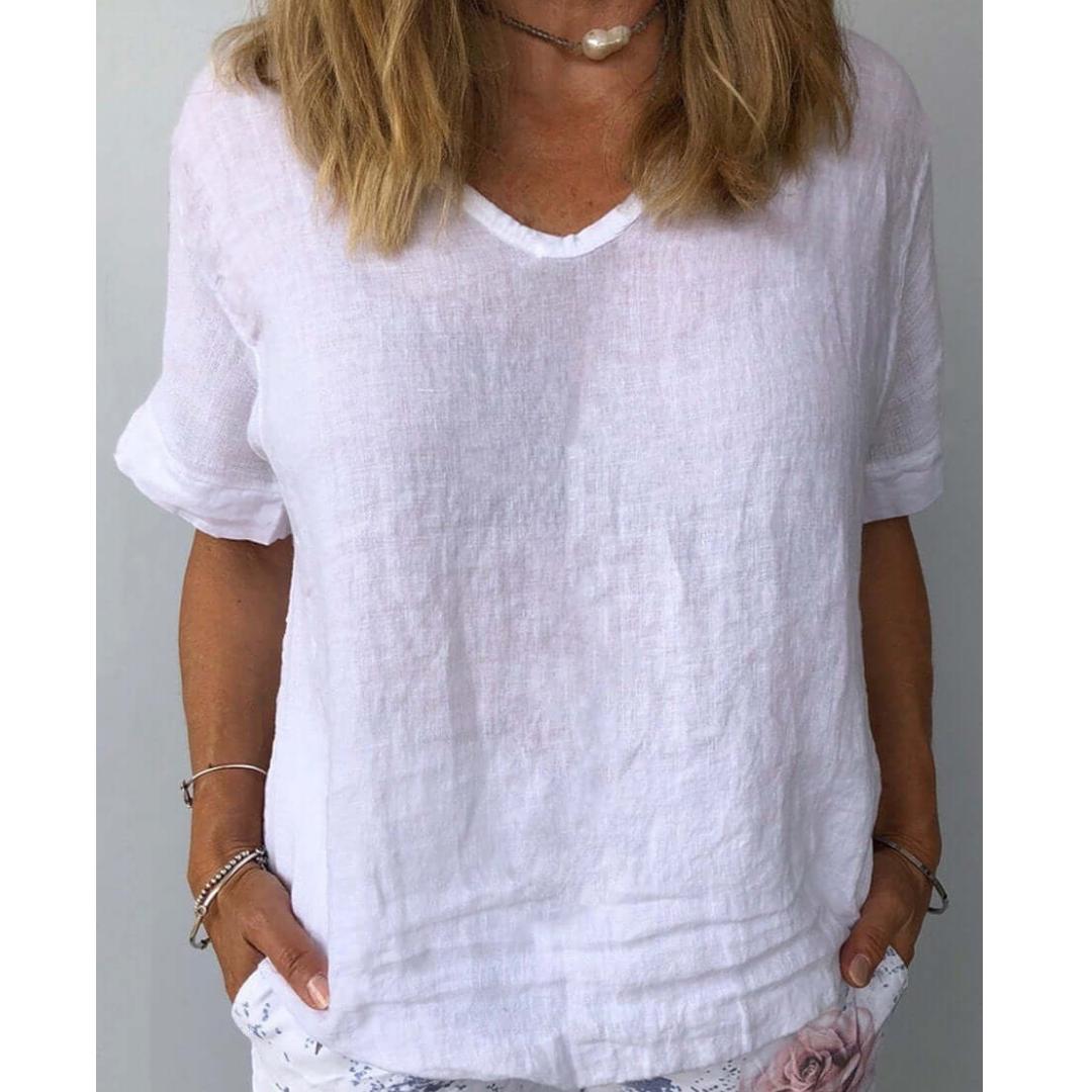Women's relaxed fit short sleeve V-neck top, perfect for casual everyday wear & comfort.