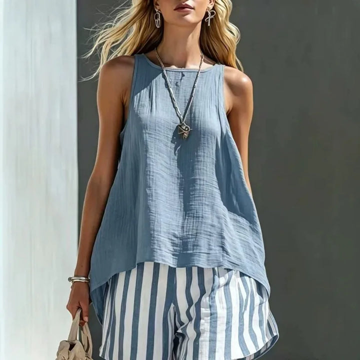 Women's relaxed fit striped sleeveless tank & shorts set, perfect for summer casual wear or loungewear.