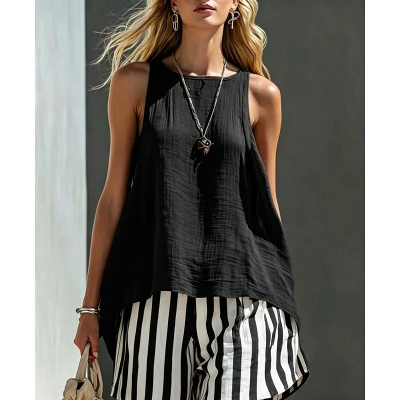 Stylish women's striped sleeveless tank & shorts, a relaxed summer outfit set for vacation or everyday wear.