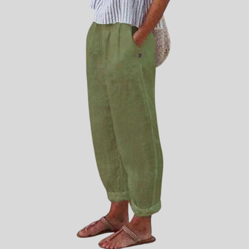 Lightweight women's relaxed trousers with folded hem, ideal for effortless summer and spring casual wear.