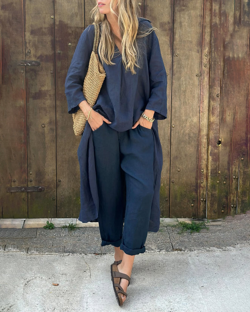 Women's relaxed fit tunic and pant set in a soft, comfortable fabric, perfect for loungewear or casual outings.