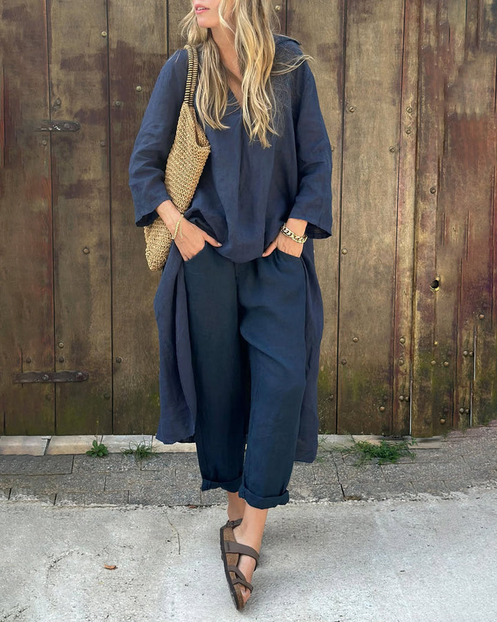 Women's relaxed fit tunic and pant set in a soft, comfortable fabric, perfect for loungewear or casual outings.