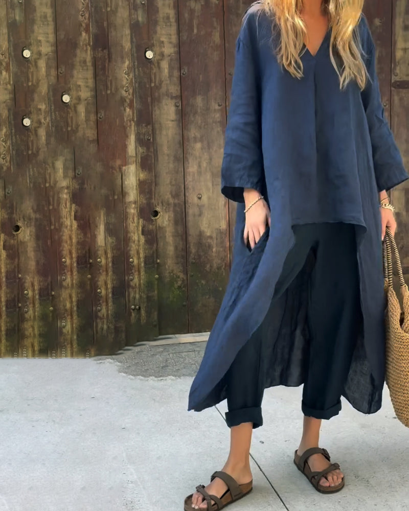 Comfortable women's apparel: a relaxed fit tunic set with a flowy top and coordinating pants for versatile wear.