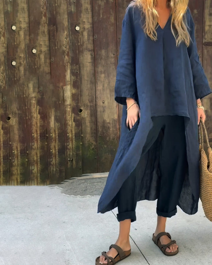 Comfortable women's apparel: a relaxed fit tunic set with a flowy top and coordinating pants for versatile wear.